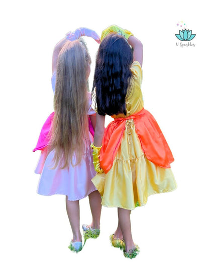 Yellow Princess Video Game Dress Set for Girls – Princess Peach Dress-Up and Holiday Outfit – This magical yellow dress set is great for little girls who love dressing up as Princess Peach. Ideal for Disneybounding, birthday parties, and holiday celebrations.