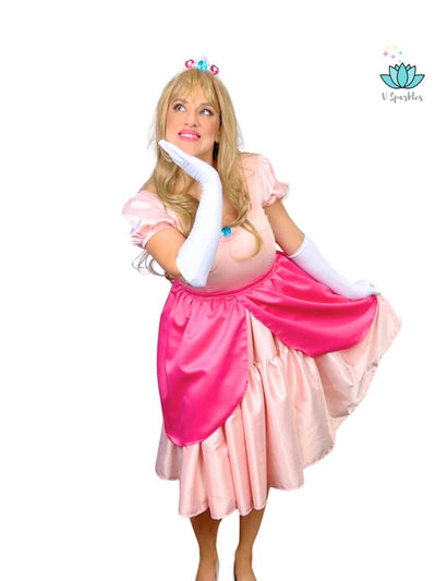 Mushroom Princess Dress-Up Overskirt for Adults – Ideal for Disneybounding and Holiday Celebrations – This fun and whimsical overskirt is perfect for creating a Princess Peach-inspired look at Disneybounding events, holiday parties, or themed celebrations. Available in mid-size and plus-size options.