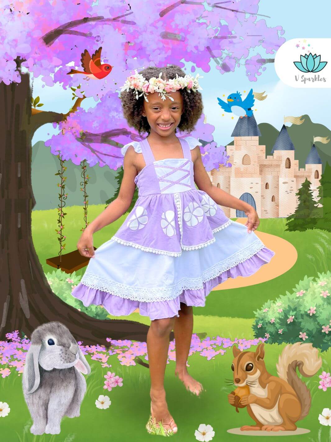 "Princess Sofia-inspired kids' dress perfect for Disneybounding outfit, Halloween costume, or birthday dress. Great for play pretend and dress-up games.
