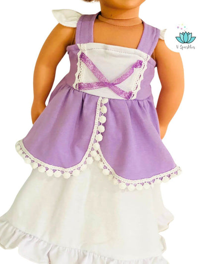 "Elegant purple Princess Sofia doll dress with lace accents, designed for kids' dress-up games or Disneybounding. Ideal for Halloween, birthday celebrations, or as a stylish gift.