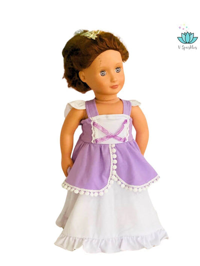 "Beautiful Princess Sofia-inspired doll dress, perfect for Disneybounding outfits, play pretend, or as a magical birthday dress. A fun option for Halloween costumes or as a fashion gift for kids.
