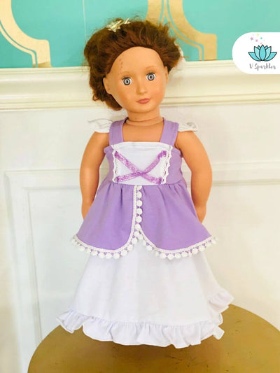 "Charming Princess Sofia doll dress with purple and white details, ideal for kids' play pretend, Disneybounding, or as a delightful birthday dress. Great for Halloween or dress to impress.