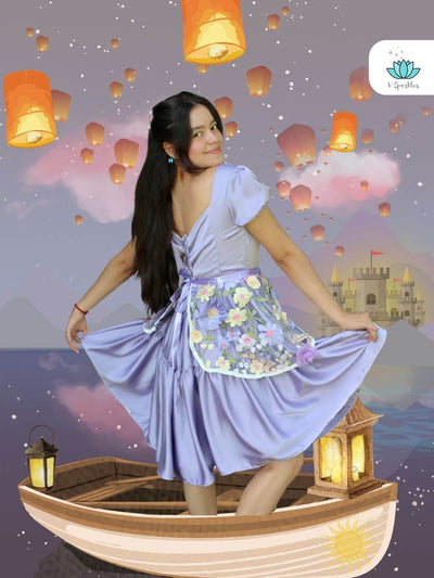 Base Purple Twirl Dress for Women – Ideal for Disneybounding and Special Events – This Rapunzel-inspired purple twirl dress is perfect for adults attending Disneybounding adventures, themed parties, or holiday celebrations. Available in mid-size and plus-size options.