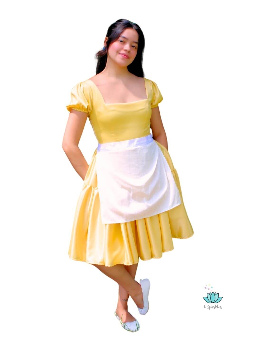 Lily Pad Princess Waitress Dress-Up Overskirt for Women – Ideal for Disneybounding and Special Events – This Princess Tiana-inspired overskirt is perfect for adults attending themed Disneybounding events, holiday gatherings, or birthday parties. Available in mid-size and plus-size options.
