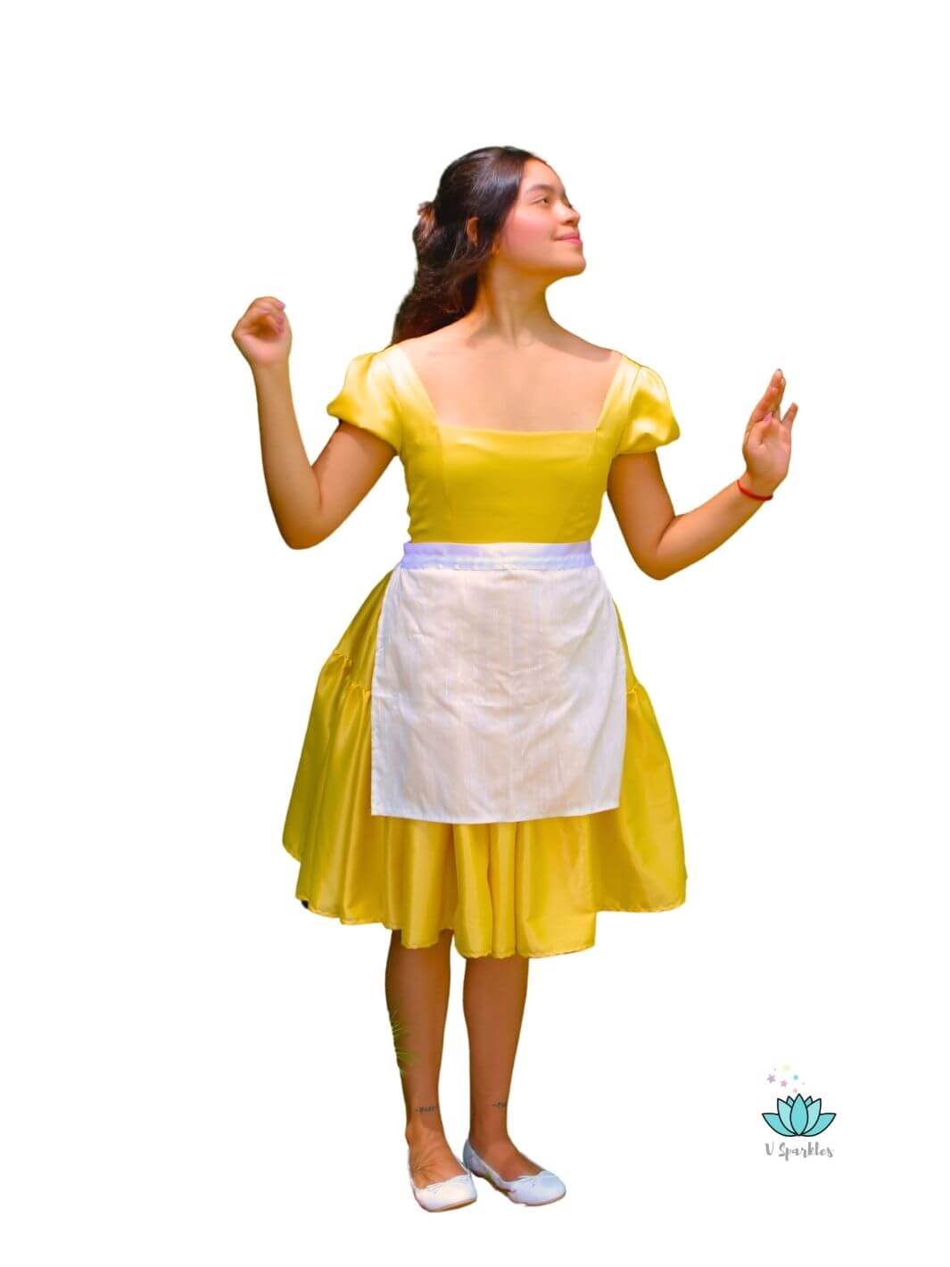 Lily Pad Princess Waitress Dress-Up Overskirt for Women – Matching Mother and Daughter Outfit – Create a magical matching mother and daughter Disneybounding look with this Princess Tiana-inspired waitress dress-up overskirt. Perfect for Halloween costumes or themed events. Available in mid-size and plus-size options.