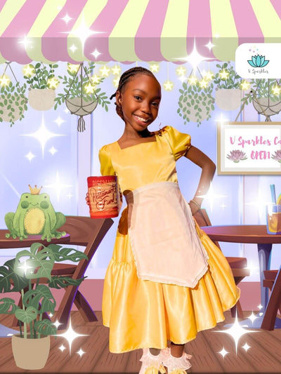 Base Yellow Twirl Dress for Kids – Princess Tiana Dress-Up and Pretend Play – This magical yellow twirl dress is perfect for toddlers and young girls who love to dress up as Princess Tiana. Ideal for Disneybounding, pretend play, and birthday celebrations.