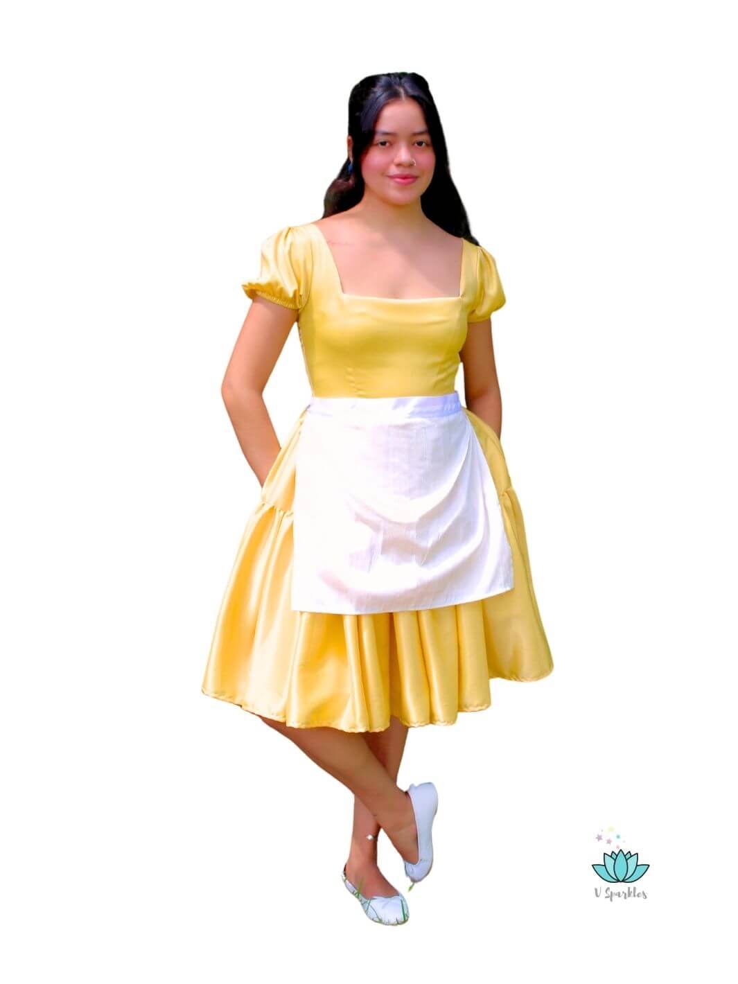 Lily Pad Princess Waitress Dress-Up Overskirt for Adults – Ideal for Disneybounding and Holiday Celebrations – This elegant waitress dress-up overskirt is perfect for creating a Princess Tiana-inspired look at Disneybounding events, holiday parties, or special celebrations. Available in mid-size and plus-size options.