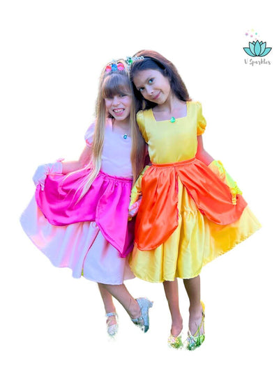 Yellow Princess Video Game Dress Set for Kids – Princess Peach Disneybounding Outfit – This vibrant yellow Princess Peach-inspired dress set is perfect for creating a magical Disneybounding look for young girls at Halloween or themed events.