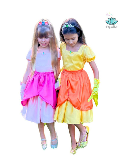 Yellow Princess Video Game Dress Set for Girls – Perfect for Disneybounding and Pretend Play – This Princess Peach-inspired yellow dress set is ideal for young girls who love video games and fairytale adventures. Perfect for Disneybounding, birthday parties, and holiday celebrations.