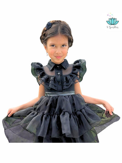 Wednesday Addams costume for kids, a gothic black dress perfect for Halloween, birthday parties, or dress-up games. A fashion-forward choice for Disneybound fans.
