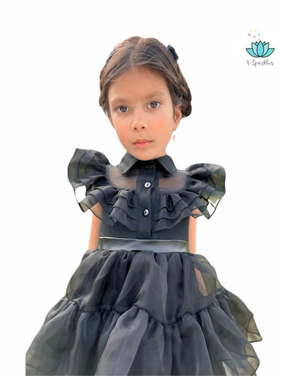 Gothic Wednesday Addams-inspired dress for kids, ideal for Disneybounding, Halloween, or birthday parties. Great for dress-up games or play pretend adventures.