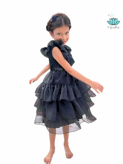 Wednesday Addams-inspired kids' costume, great for dress-up games, play pretend, or Disneybounding as a gothic character. Perfect for Halloween events.