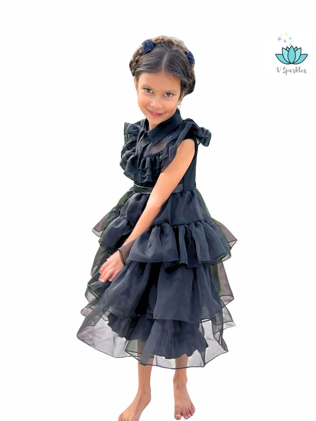 Wednesday Addams kids' Halloween costume, a spooky and fashionable black dress for play pretend and dress-up games. Ideal for Disneybounding fans.