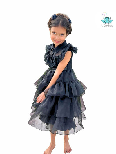 Wednesday Addams kids' Halloween costume, a spooky and fashionable black dress for play pretend and dress-up games. Ideal for Disneybounding fans.