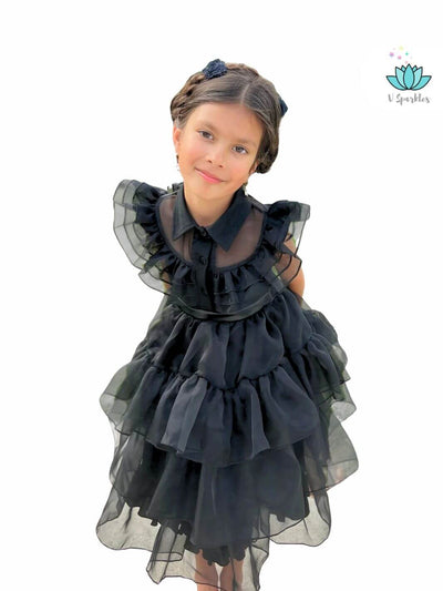 Gothic Wednesday Addams-inspired black dress for kids, a stylish choice for Disneybounding or as a spooky birthday dress. Perfect for Halloween and play pretend.