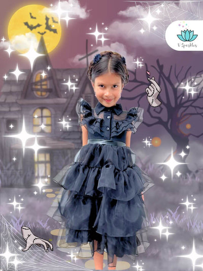 Wednesday Addams-inspired kids' dress, perfect for Disneybounding or as a gothic Halloween costume. A spooky dress-to-impress look for play pretend and dress-up games.