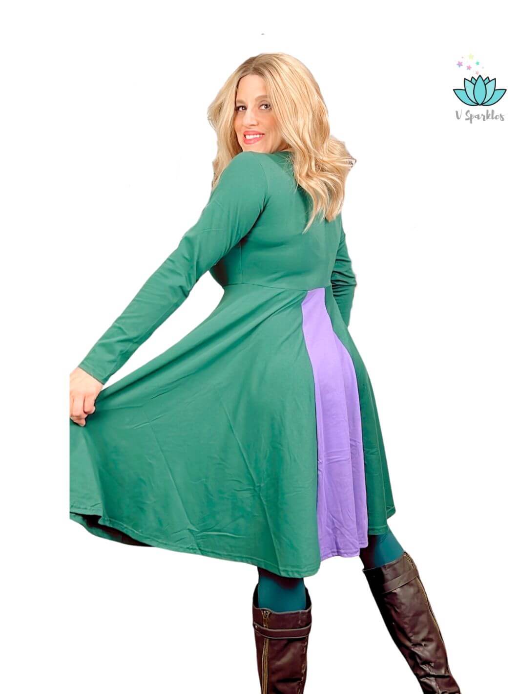 "Witchy green Winifred dress for adults, ideal for a Disneybound-inspired outfit or Halloween costume. A perfect self-treat for fashion-forward fans.
