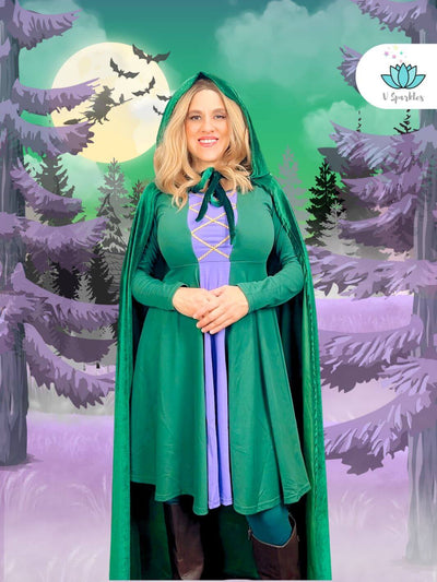 "Winifred-inspired adult green dress perfect for Disneybounding outfit or Halloween costume. A magical fashion statement and a fun self-treat for fans of witchy style.
