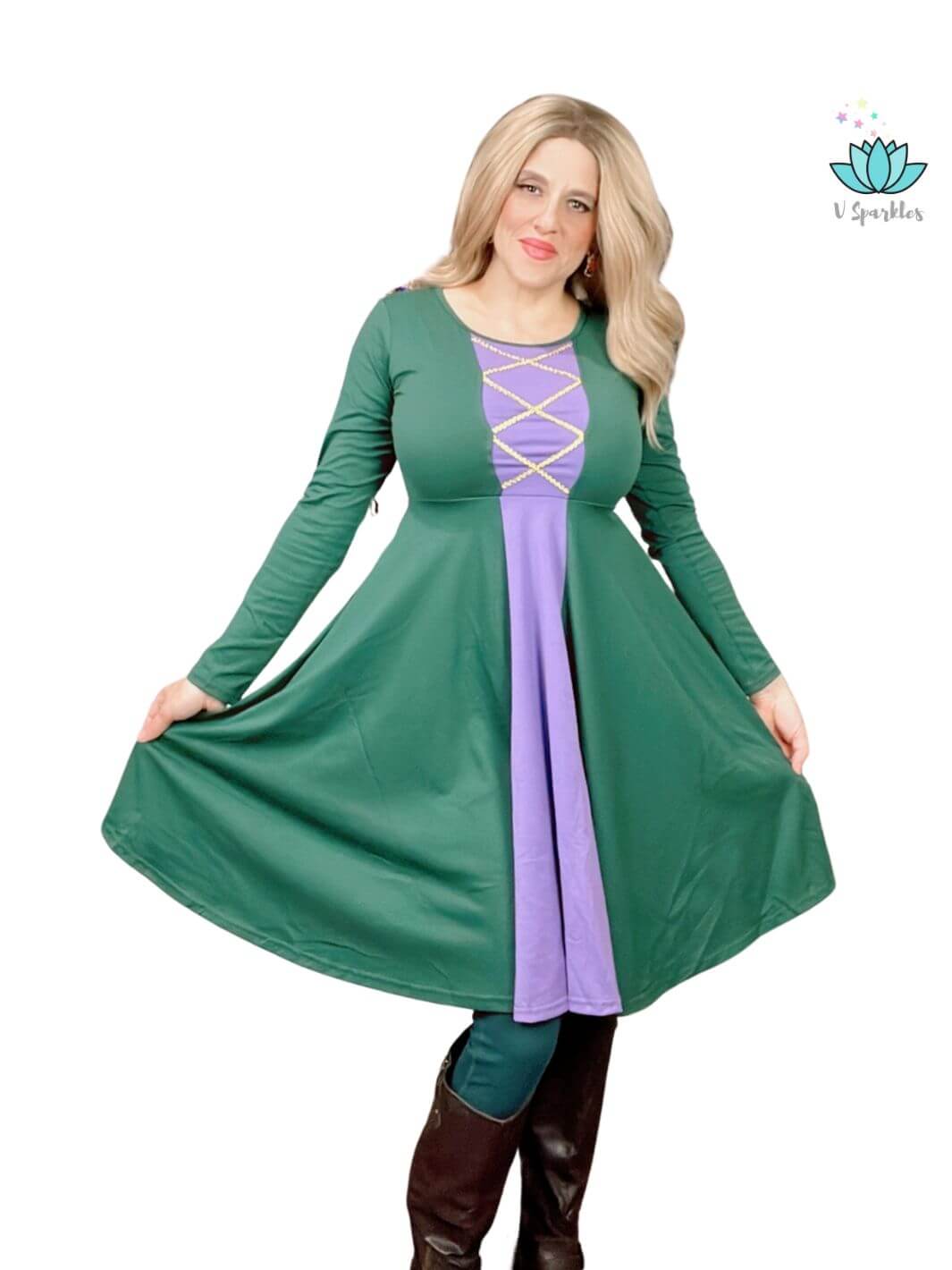 "Winifred-inspired adult dress for Disneybounding, Halloween costume fun, or a whimsical self-treat. Perfect for dressing to impress at any magical event.