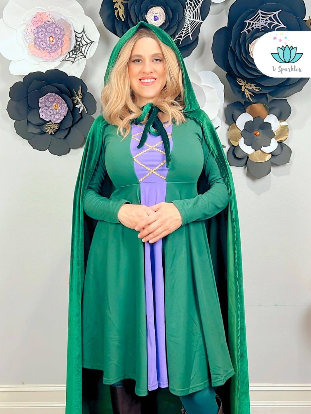"Enchanting Winifred-inspired green Halloween costume dress for adults, ideal for Disneybounding and spooky birthday dress to impress.